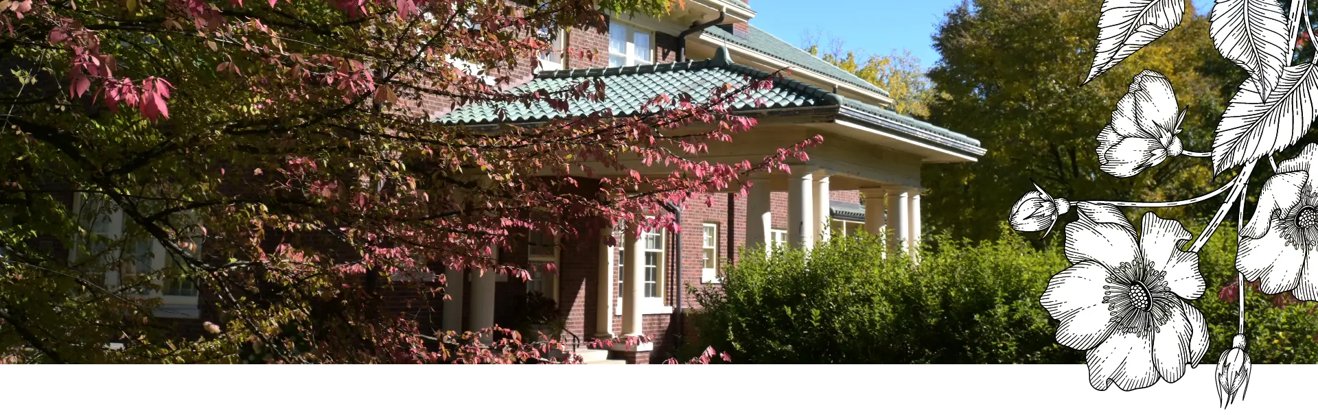 Front of the manor overlayed with line art of flowers